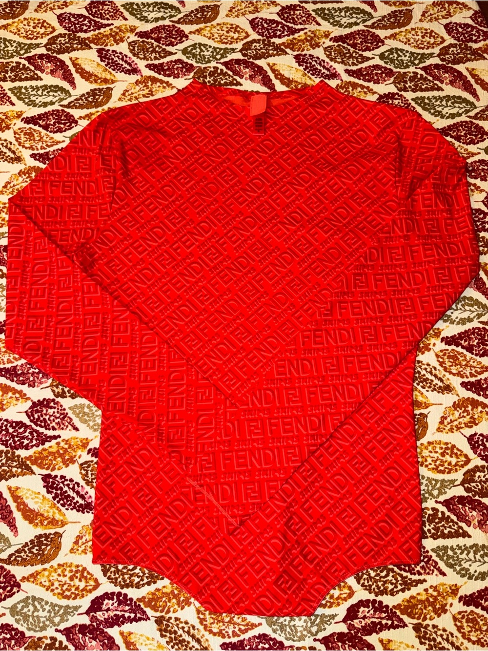 Skims x Fendi Red Embossed Logo Long Sleeve Bodysuit